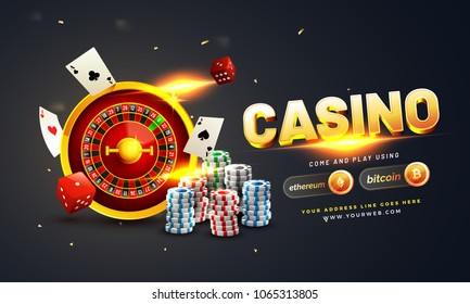 Golden text Casino with 3D chip, coins, ace cards, and roulette on sparkling grey background. Flyer, poster or banner design with Cryptocurrencies accepted.