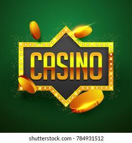 Golden text Casino with golden coins, marquee frame on sparkling green background.