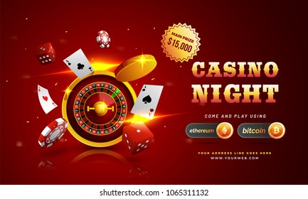 Golden text Casino Night with 3D chip, coins, ace cards, and roulette on sparkling red background. Flyer, poster or banner design with Cryptocurrencies accepted.