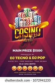 Golden text Casino Night with 3D chip, coins, on sparkling pink background. Flyer, poster or banner design with multiple cryptocurrencies accepted here options.