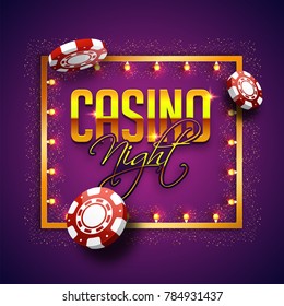 Golden text Casino night with 3D chip, marquee frame on sparkling purple background.