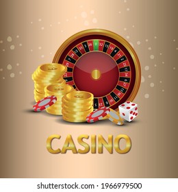 Golden text effect of casino gambling game with gold coin, roulette wheel and casino chips