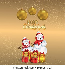 Golden text effect for merry christmas celebration greeting card with snowball and gifts
