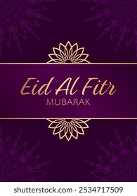 Texto dourado Eid Al Fitr Mubarak e decorações abstratas mandala sobre fundo roxo. Design festivo elegante para cartão de saudação, banner ou cartaz para marcar o fim do Ramadã.