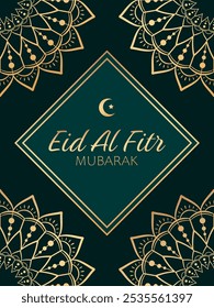 Texto dorado Eid Al Fitr Mubarak y decoraciones florales abstractas del mandala en fondo verde. Elegante diseño festivo para tarjeta de felicitación, Anuncio o cartel para marcar el final del Ramadán.