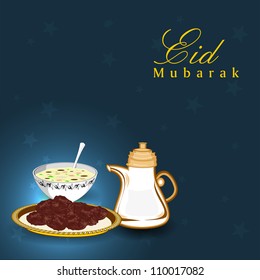 Golden text Eid Mubarak with sweets for Muslim community festival Eid. EPS 10.