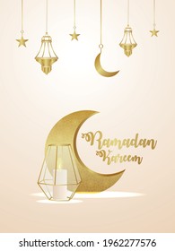 Golden text with elegant crescent moon and lantern on isolated white background