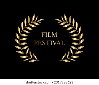 golden text Film Festival with leaf wreath, gold luxury laurel award sign, vector logo design isolated on black background 