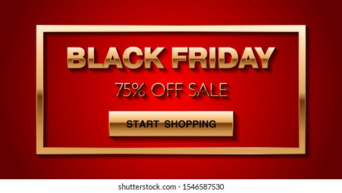 Golden text and frame on red gradient background. Black Friday Sale and Start Shopping lettering. Vector layout template for social media post, website, banner or email marketing.
