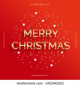 Golden text with glitter on red background. Merry Christmas banner. Christmas ornament in the circle of snowflakes and Christmas tree. For advertising in social networks, on the website.