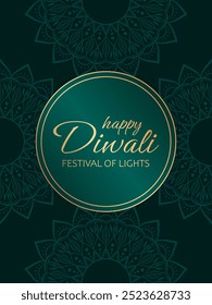 Golden text Happy Diwali, festival of lights on green background with round golden frame and floral mandala elements. Elegant festive design for greeting card or poster for hindu festival Diwali.