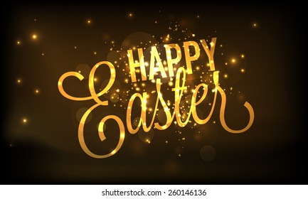 Golden text Happy Easter on shiny brown background, can be used as poster or banner design.