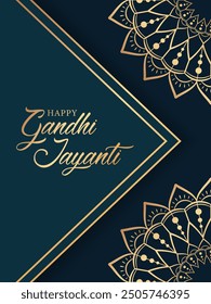 Golden text Happy Gandhi Jayanti and floral mandala elements on blue background. Festive design for greeting card or poster for celebration of Mahatma Gandhi birthday.