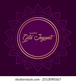Texte doré Joyeuse Gita Jayanti sur fond violet avec cadre rond doré. Conception festive pour carte de voeux ou affiche pour la célébration hindoue Gita Mahotsav.