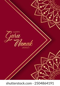 Golden text Happy Guru Nanak Jayanti and floral mandala elements on red background. Festive design for greeting card or poster for celebration of Guru Nanak's birthday.
