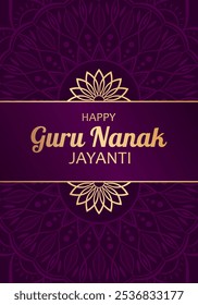 Golden text Happy Guru Nanak Jayanti and abstract ornament on purple background. Elegant festive design for greeting card, banner or poster for birthday of Guru Nanak Gurpurab.