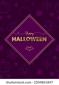 Golden text Happy Halloween on purple background with golden frame. Festive design for greeting card or poster for Halloween.