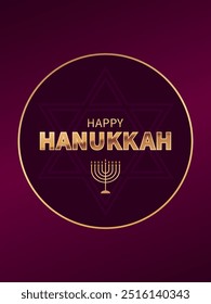 Golden text Happy Hanukkah and candelabrum on the background of star of David with purple frame. Festive design for greeting card, poster or banner for Jewish celebration Hanukkah.