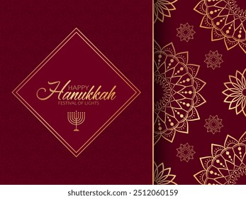 Golden text Happy Hanukkah and candlestick on red background and seamless pattern under clipping mask. Festive design for greeting card or poster for Jewish celebration Hanukkah.