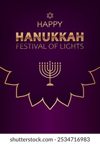 Golden text Happy Hanukkah, festival of lights and menorah on purple background. Elegant festive design for greeting card, banner or poster for Jewish festival Hanukkah.