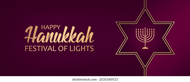 Golden text Happy Hanukkah, festival of lights, star of David and menorah on purple background. Festive elegant banner design for Jewish festival Hanukkah.