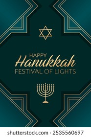 Goldener Text Happy Hanukkah, Festival der Lichter, Stern von David und Menorah auf grünem Hintergrund mit abstraktem geometrischen Rahmen. Elegantes festliches Design für Grußkarte, Banner oder Poster für Hanukkah.