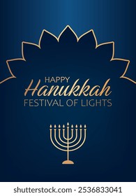 Golden text Happy Hanukkah, festival of lights and menorah on blue background. Elegant festive design for greeting card, banner or poster for Jewish festival Hanukkah.