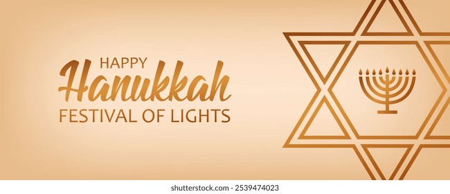 Goldener Text Happy Hanukkah, Festival der Lichter und Menora in der Mitte des Sterns von David auf cremefarbenem Hintergrund. Festlich elegantes Bannerdesign für das jüdische Fest Hanukkah.