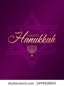 Golden text Happy Hanukkah, menorah and star of David on purple background. Jewish festive greeting design.