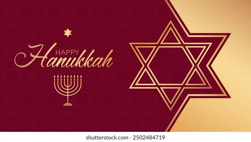 Goldener Text Happy Hanukkah, Menora und Stern von David auf rotem Hintergrund. Festliches Design für Grußkarte oder Poster für jüdische Feier Hanukkah.