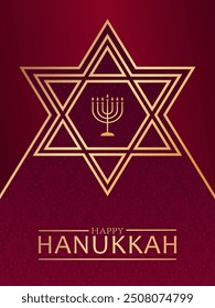 Golden text Happy Hanukkah, menorah and star of David on red background. Elegant festive design for greeting card or poster for Jewish celebration Hanukkah.