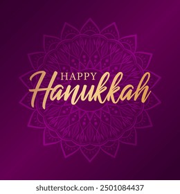 Golden text Happy Hanukkah on purple background. Jewish festive greeting design.