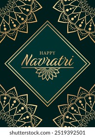 Feliz Navratri sobre fondo azul con marco dorado y Elementos florales abstractos de mandala como decoración. Elegante diseño festivo para tarjeta de felicitación o cartel para la celebración hindú Navratri.