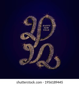 Golden text Happy New Year 2022 with bright sparkles. Handwritten calligraphy numbers lettering in paint and color gold. Festive design 22 template, poster, banner, greeting card. Vector gold glitter.