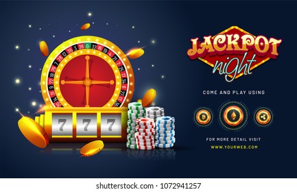 Golden text Jackpot Night with 3D chip, coins, and roulette on sparkling blue background. Flyer, poster or banner design with Cryptocurrencies accepted. Bitcoin, Ethereum, and RIpple Symbols.