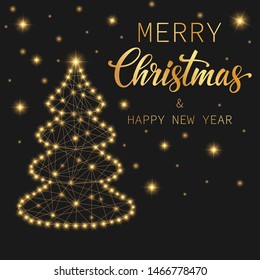 Golden text Merry Christmas and Happy New Year. Christmas tree on a black background. Festive illustration for your card. Vector illustration.