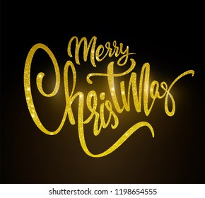 Golden text Merry Christmas lettering for invitation and greeting card, prints and posters. Hand drawn inscription.