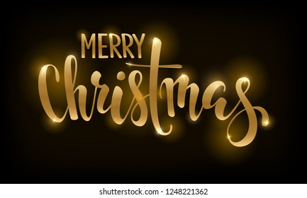 Golden text on black background Merry Christmas. Hand drawn lettering for invitation and greeting card and invitations of the Merry Christmas and Happy New Year, seasonal winter holidays.