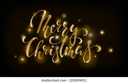 Golden text on black background Merry Christmas. Hand drawn lettering for invitation and greeting card and invitations of the Merry Christmas and Happy New Year, seasonal winter holidays.