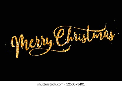 Golden text on black background. Merry Christmas and Happy New Year lettering for invitation and greeting card, prints and posters. Hand drawn inscription, calligraphic design. Vector illustration