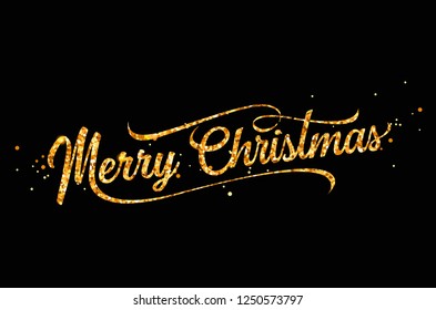 Golden text on black background. Merry Christmas and Happy New Year lettering for invitation and greeting card, prints and posters. Hand drawn inscription, calligraphic design. Vector illustration