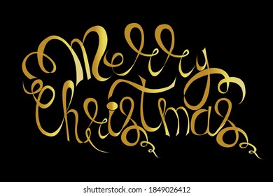 Golden text on black background. Merry Christmas  lettering for invitation and greeting card, prints and posters. Hand drawn inscription, calligraphic design. Vector illustration