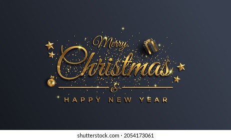 Golden text on black background. Merry Christmas and Happy New Year lettering for invitation and greeting card, prints and posters. Hand drawn inscription, calligraphic design. Vector illustration