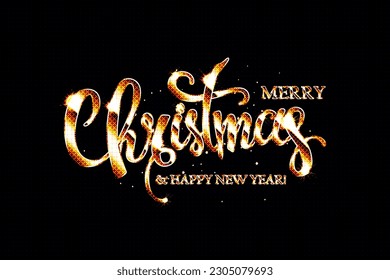 Golden text on black background. Merry Christmas and Happy New Year lettering for invitation and greeting card, prints and posters. Hand drawn inscription, calligraphic design. Vector illustration