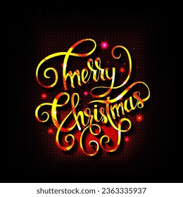 Golden text on black background. Merry Christmas and Happy New Year lettering for invitation and greeting card, prints and posters. Hand drawn inscription, calligraphic design. Vector illustration