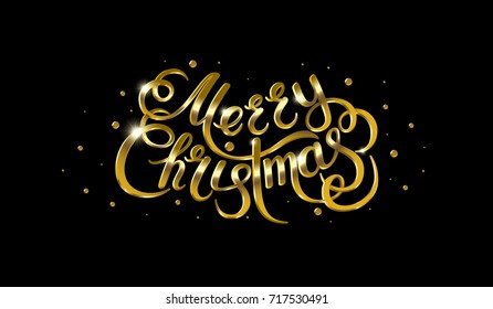 Golden text on black background. Merry Christmas and Happy New Year lettering for invitation and greeting card, prints and posters. Hand drawn inscription, calligraphic design. Vector illustration