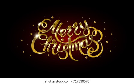 Golden text on black background. Merry Christmas and Happy New Year lettering for invitation and greeting card, prints and posters. Hand drawn inscription, calligraphic design. Vector illustration