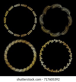 Golden text on black background. Merry Christmas and Happy New Year lettering for invitation and greeting card, prints and posters. Hand drawn inscription, calligraphic design. Vector illustration

