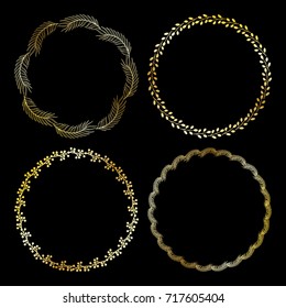 Golden text on black background. Merry Christmas and Happy New Year lettering for invitation and greeting card, prints and posters. Hand drawn inscription, calligraphic design. Vector illustration

