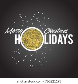 Golden text on black background. Merry Christmas and Happy New Year lettering for invitation and greeting card, prints and posters. Hand drawn inscription, calligraphic design. Vector illustration